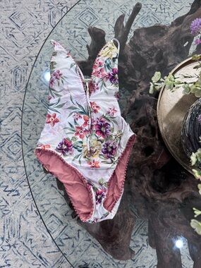 Floral Deep-V One-Piece Swimsuit - Pink Floral